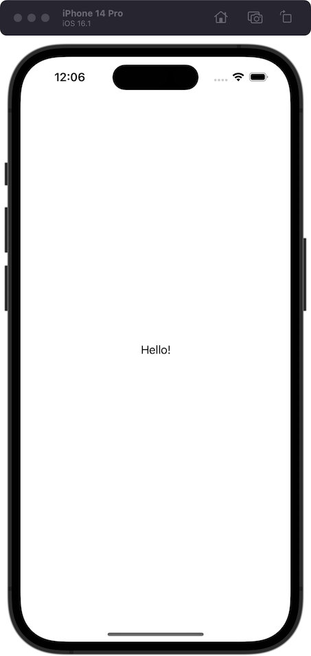 The iOS Simulator, with Hello on the screen