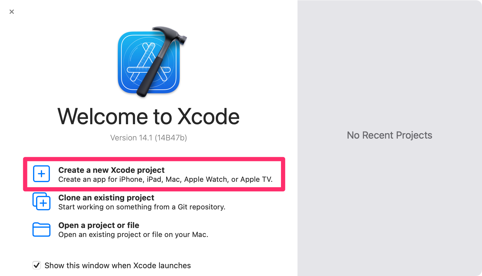 Welcome to Xcode window