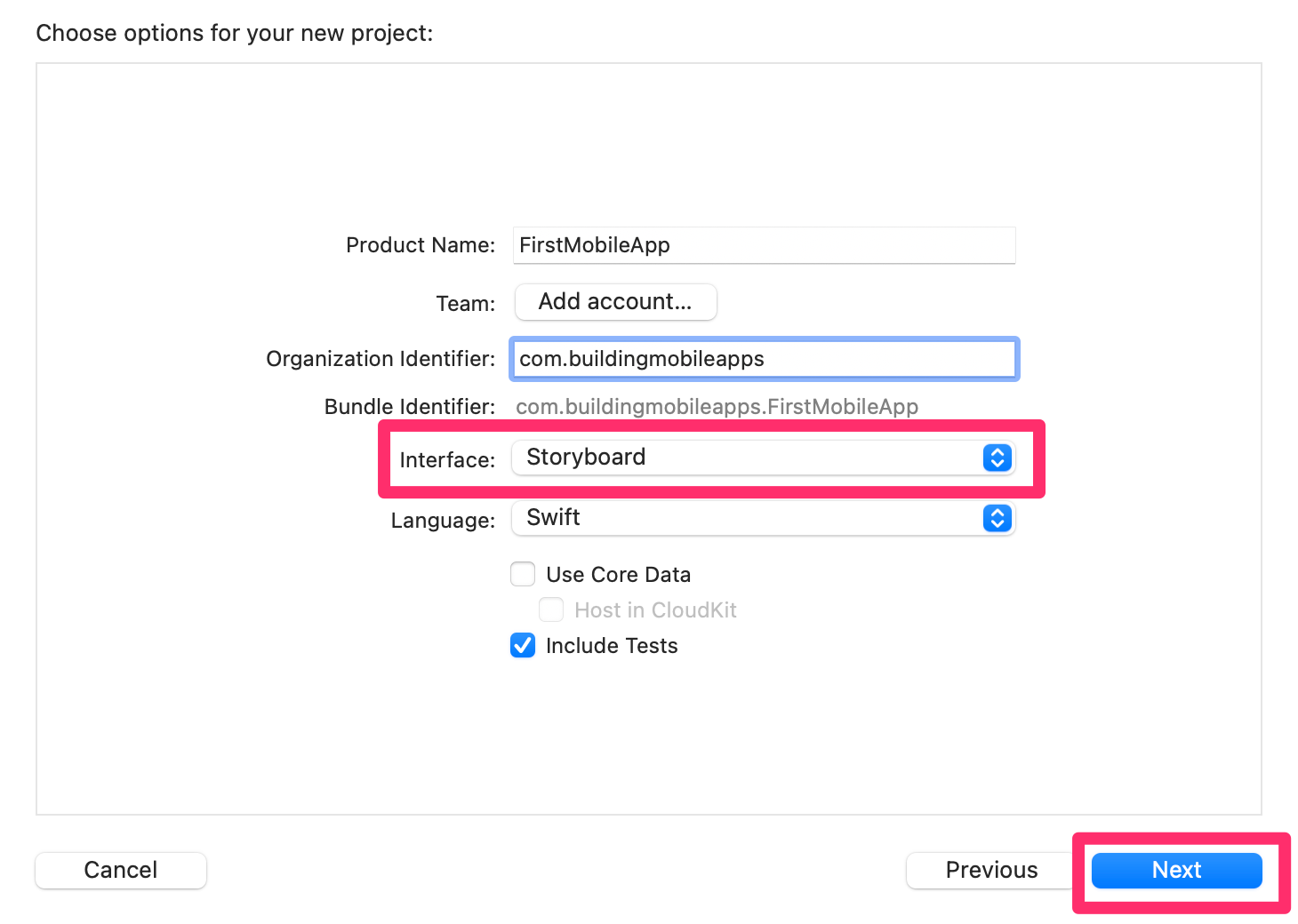 Xcode project options